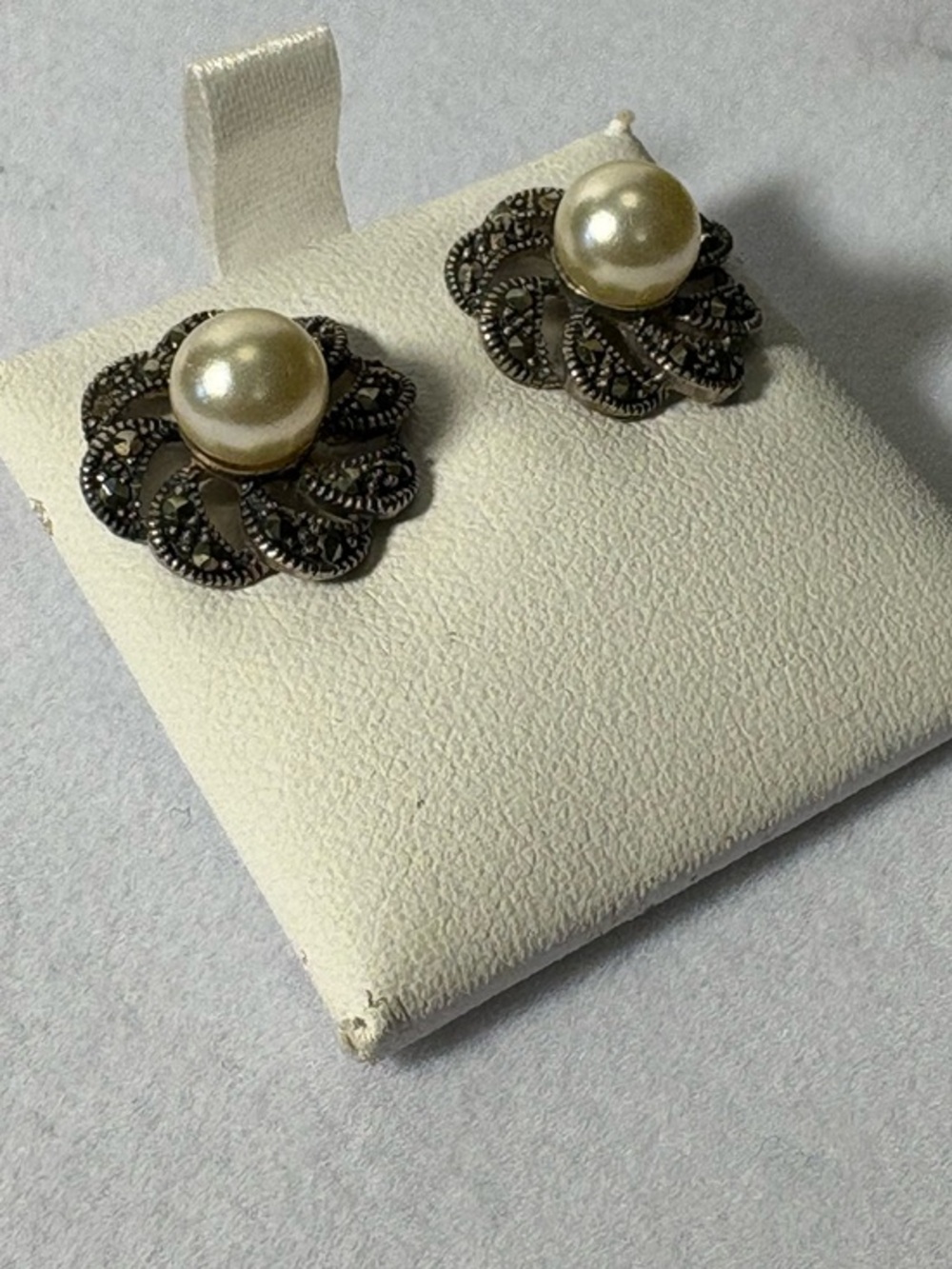 Classic Pearl Sterling Silver & Marcasite Floral Stud Earrings